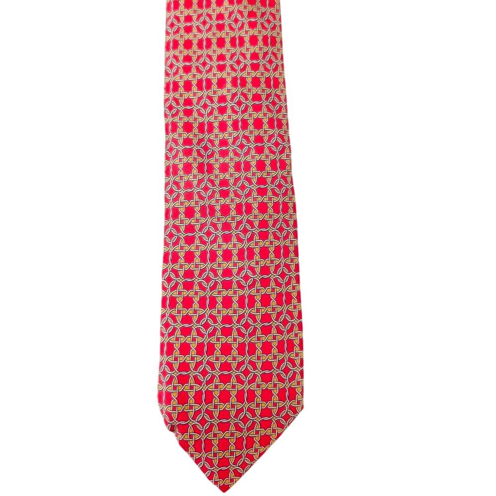 Vintage Hermès 100% Silk Men's Red Tie With Gold & Gray Geometric Designs